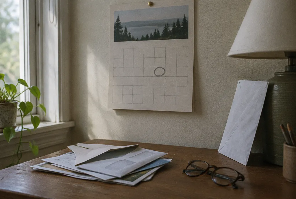 A paper wall calendar with one date circled in pencil above a small desk with opened mail and reading glasses