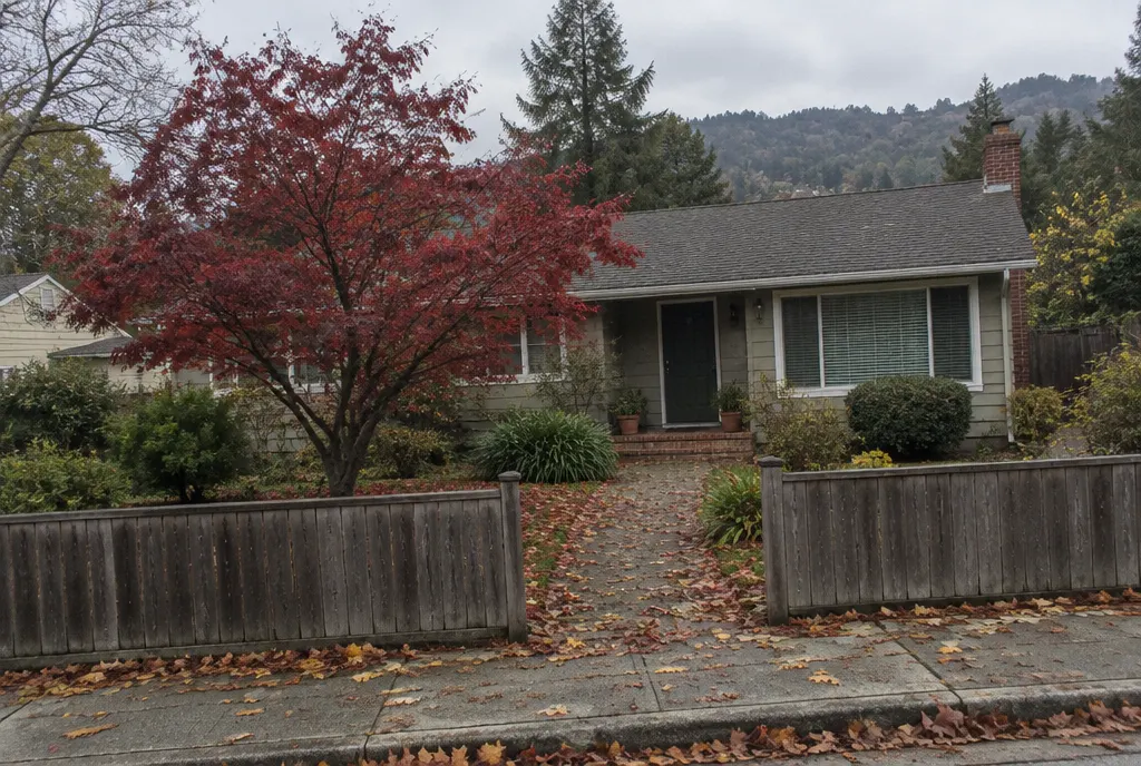 A modest older ranch house with a wood fence, a Japanese maple in the yard and fallen leaves on the walkway on an overcast autumn day