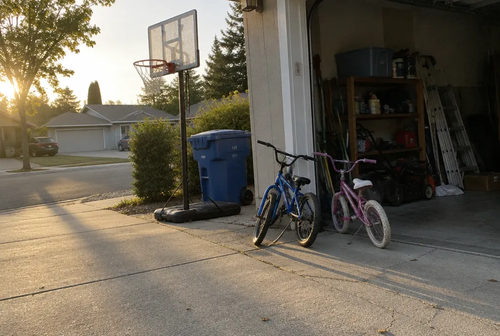 Two kids' bikes leaning against a garage beside a basketball hoop and a recycling bin on a quiet suburban driveway in late afternoon light